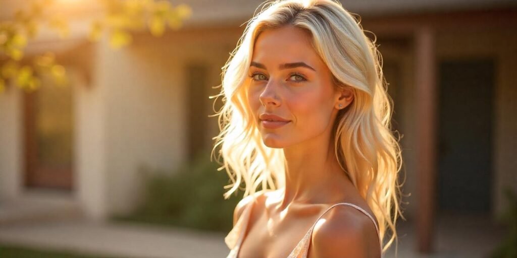 Beautiful woman with Baby Platinum Blonde hair in a soft, romantic setting wearing a light pastel dress.