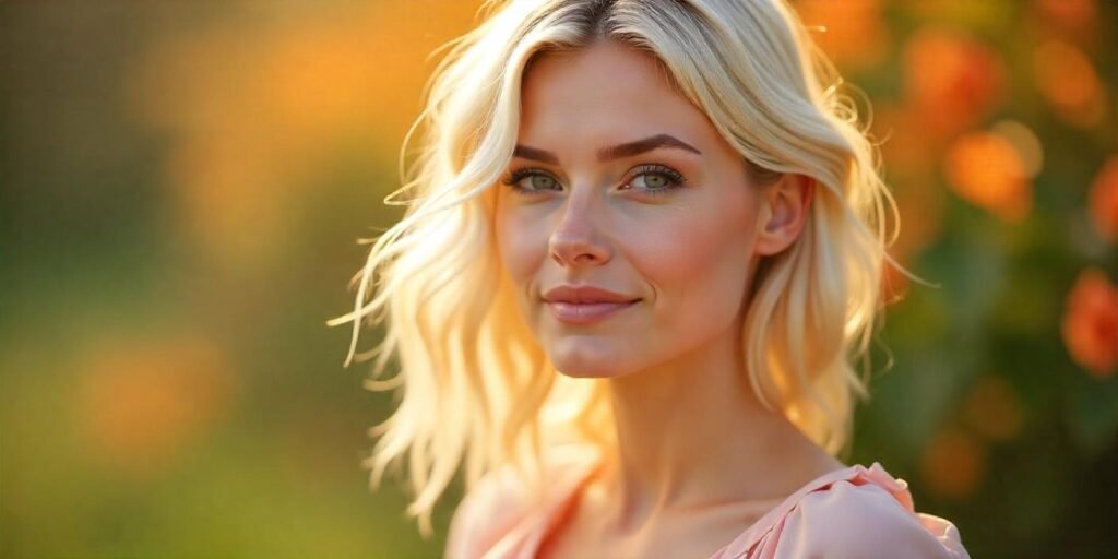 Pearl blonde hairstyle with soft platinum blend and dark roots, natural look, soft pastel pink dress,