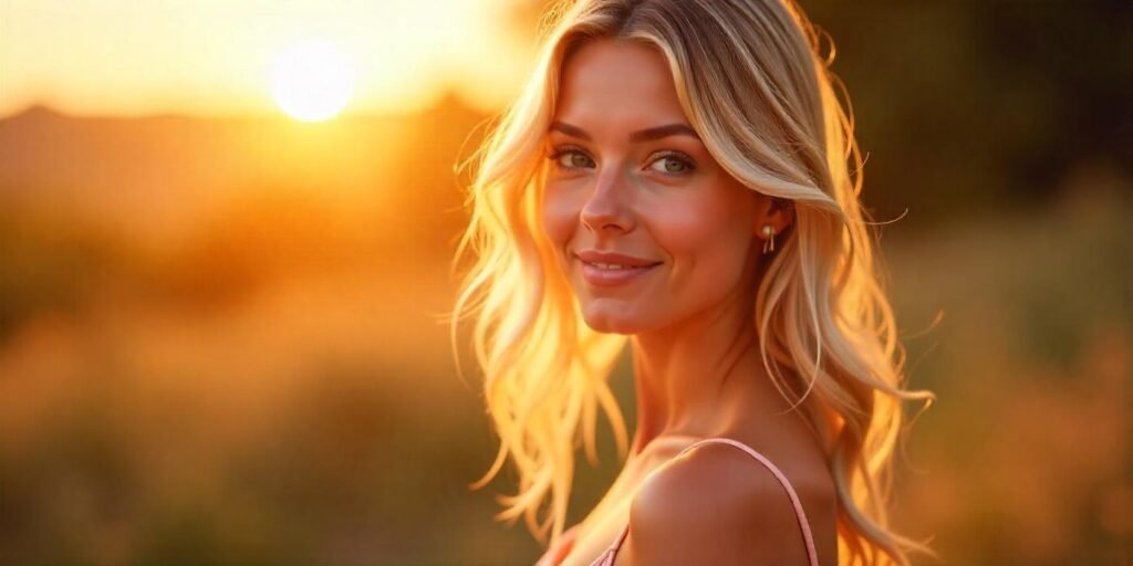 Realistic image of a woman with sunset blonde hair and soft peach dress in a romantic sunset setting