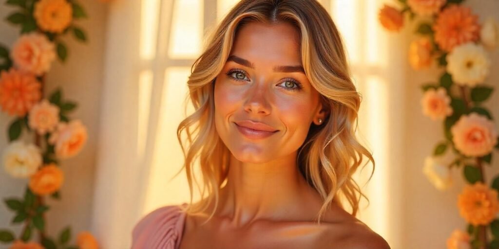 Balayage blonde curls with natural sun-kissed highlights, face-framing curls, and a romantic vibe.