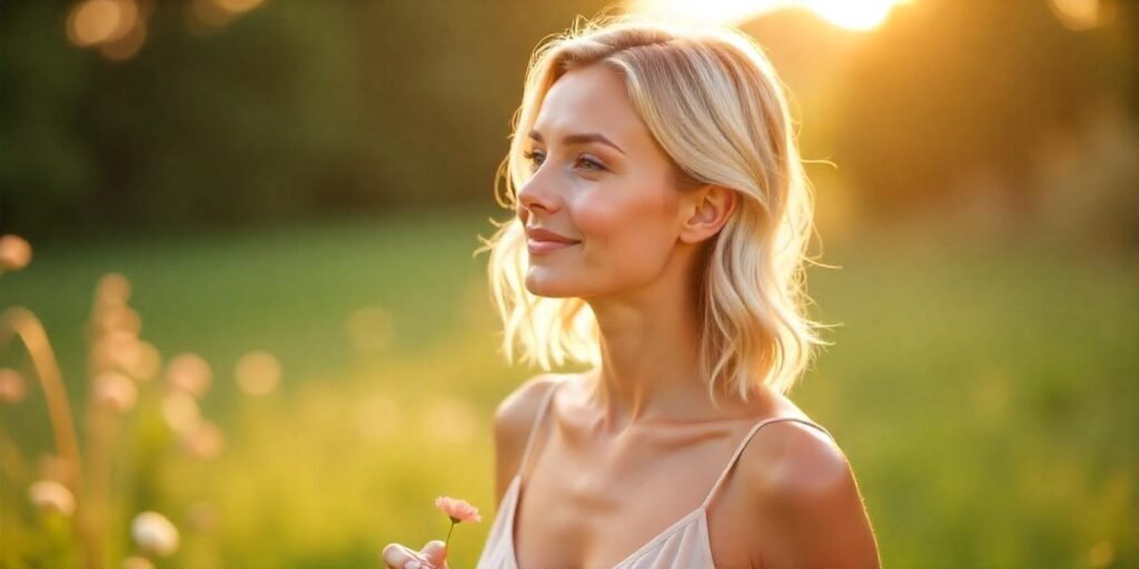 Realistic sandy stone blonde hair with warm highlights in a romantic outdoor setting, woman with soft waves