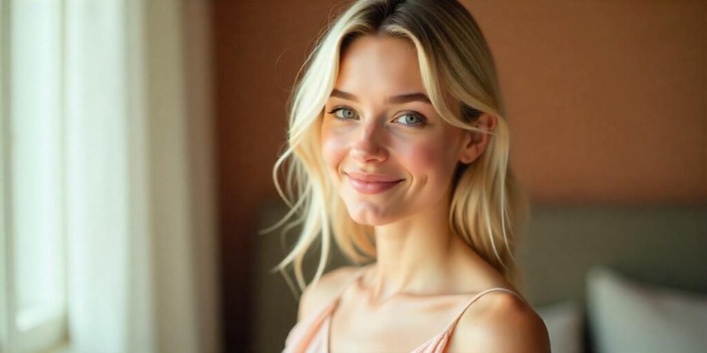 Blonde hair with money pieces and babylights, wearing a soft pink dress, serene expression