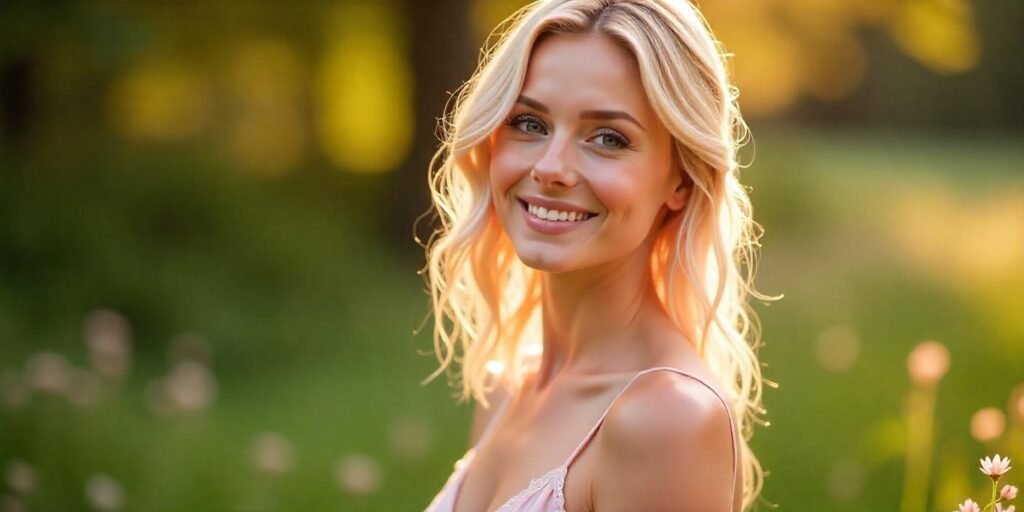 Soft blush blonde hair with light auburn hues, wearing a pink flowy dress in a romantic outdoor scene.
