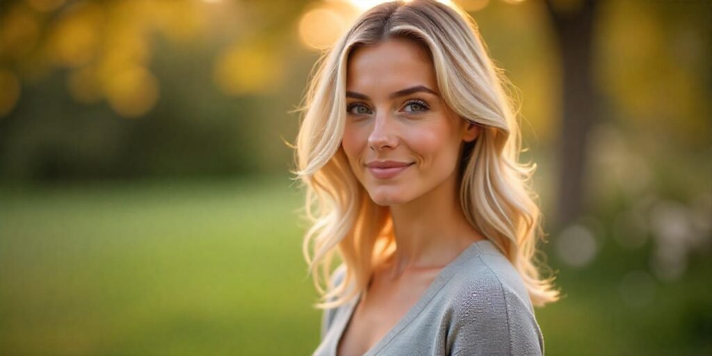 Woman with frosted wheat blonde hair, light gray sweater, romantic outdoor background








