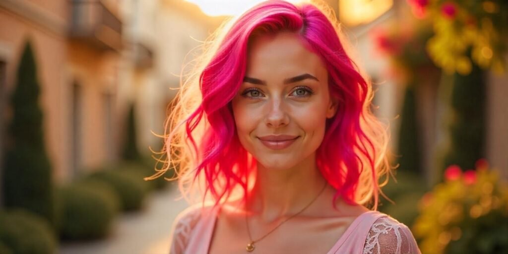 Young woman with hot pink hair in a pink dress, standing in a romantic outdoor setting.