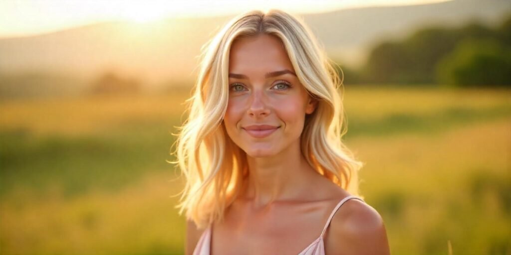 Young woman with sandy blonde hair color, soft lowlights, highlights, and a romantic look 