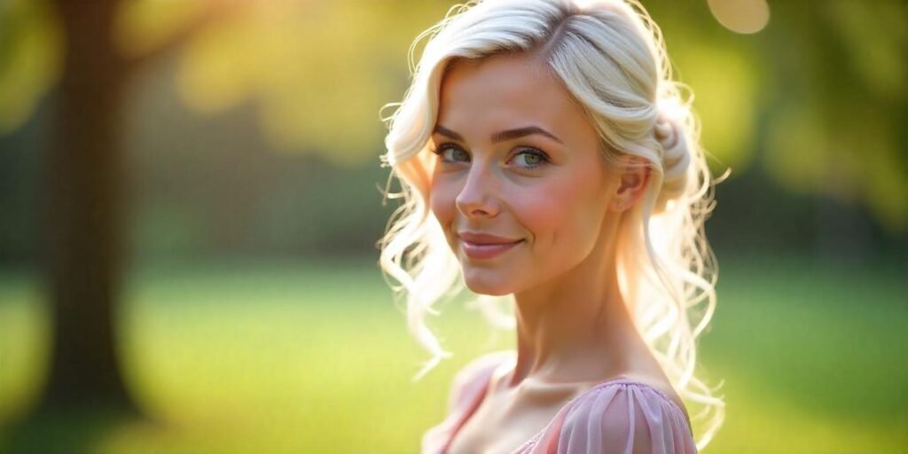 Realistic photo of a girl with platinum ice blonde hair, soft pastel dress,