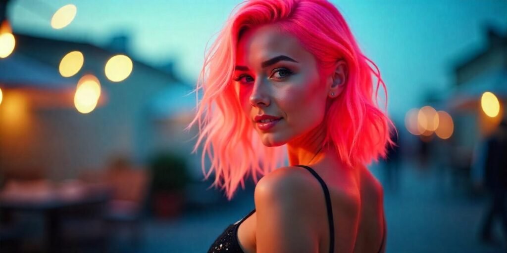 Woman with neon pink hair featuring tropical coral undertones, wearing a black dress