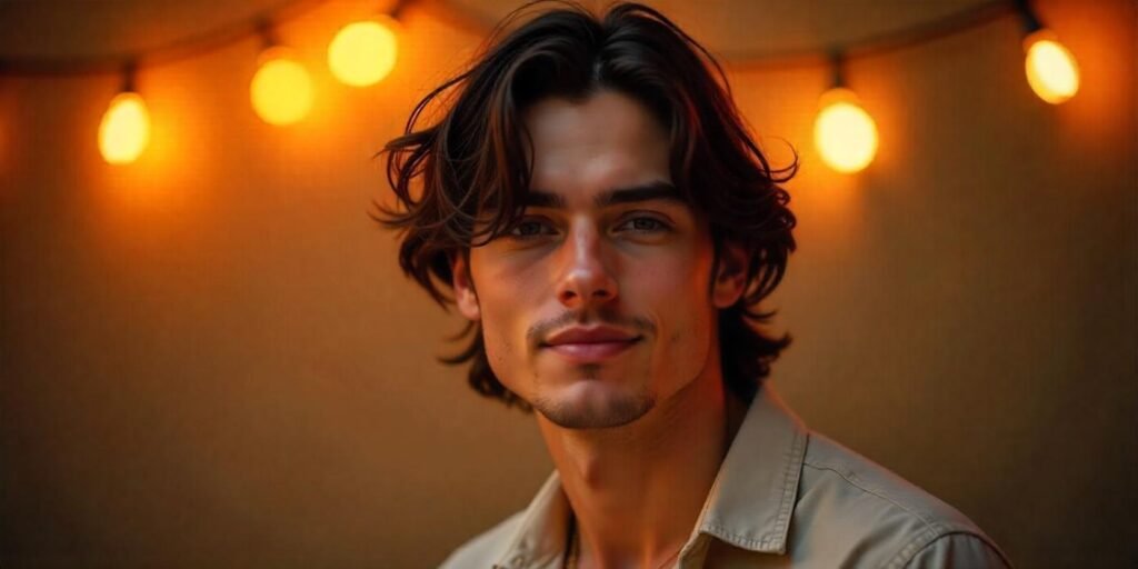 Shaggy curtains hairstyle on a young man with natural layers, middle part,