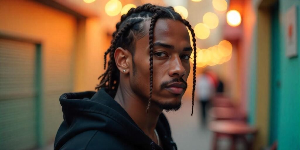 Bold Travis Scott-inspired braided hairstyle for men with dark brown hair and casual outfit