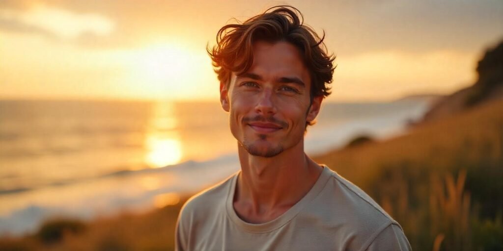 Low-maintenance curtain style haircut for men with relaxed, natural vibes and a serene expression.