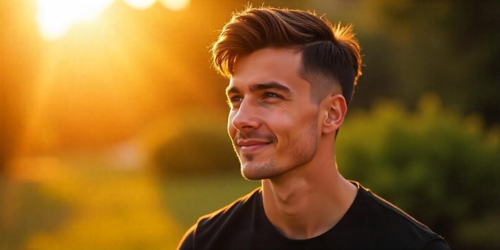 Realistic photo of a man with short side cut and longer top curtain hairstyle in a romantic outdoor setting.