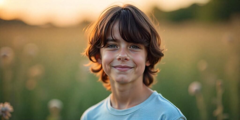 Teen boy with long straight hair and bangs, wearing a casual shirt in a romantic setting