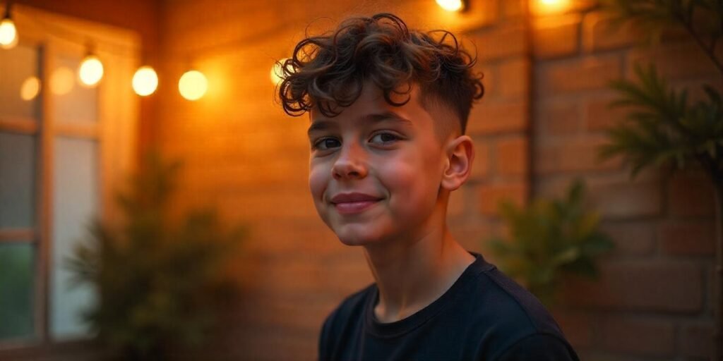 Teen boy with thick curly hair styled in a low fade, casual shirt, romantic background, natural expression