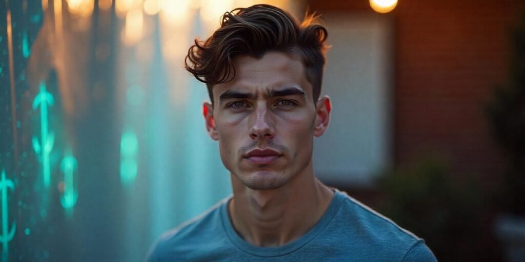 Young man with textured swept crew cut, wearing casual shirt in romantic outdoor setting
