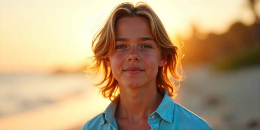 Teen boy with long middle part hairstyle, sun-kissed highlights, and relaxed style