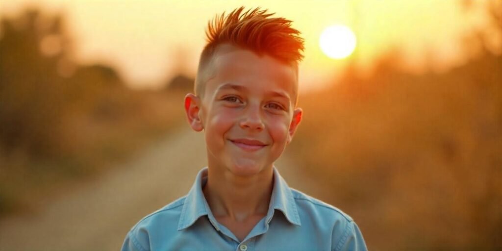 Teen boy sporting a faux hawk taper fade hairstyle with a natural expression in a romantic outdoor