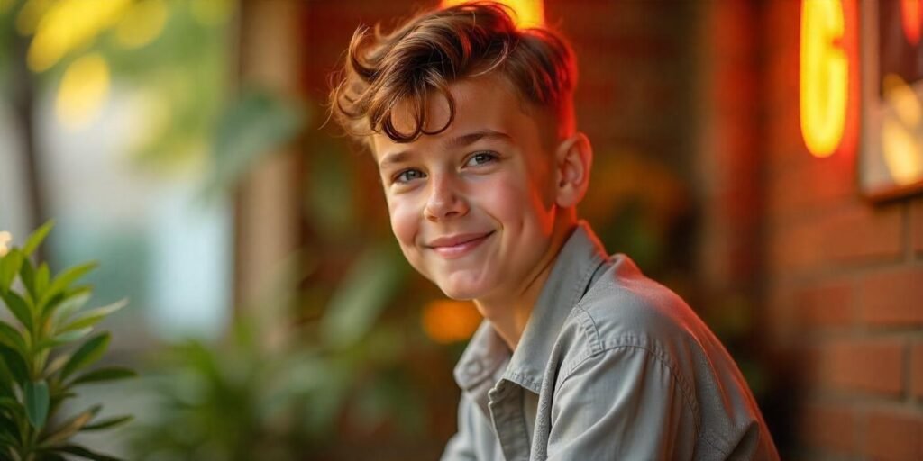 Realistic image of a teen boy with trendy blowout and clean mid-cut taper hairstyle