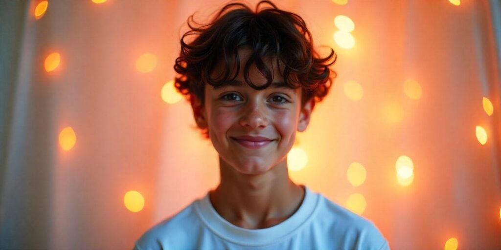 Teen boy with messy curls and taper fade, showcasing a bold and edgy hairstyle in a romantic background