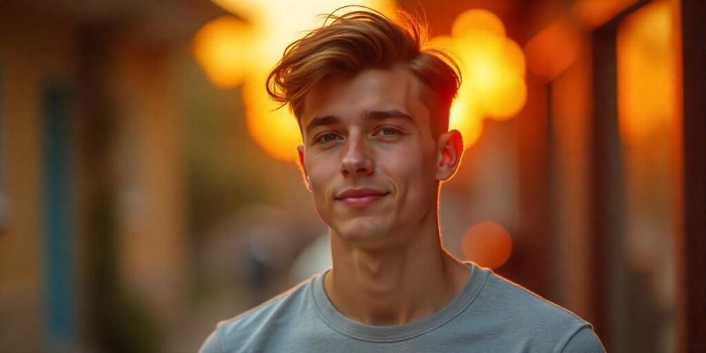 Realistic image of a young man with a loose brush over mid taper haircut, styled with volume