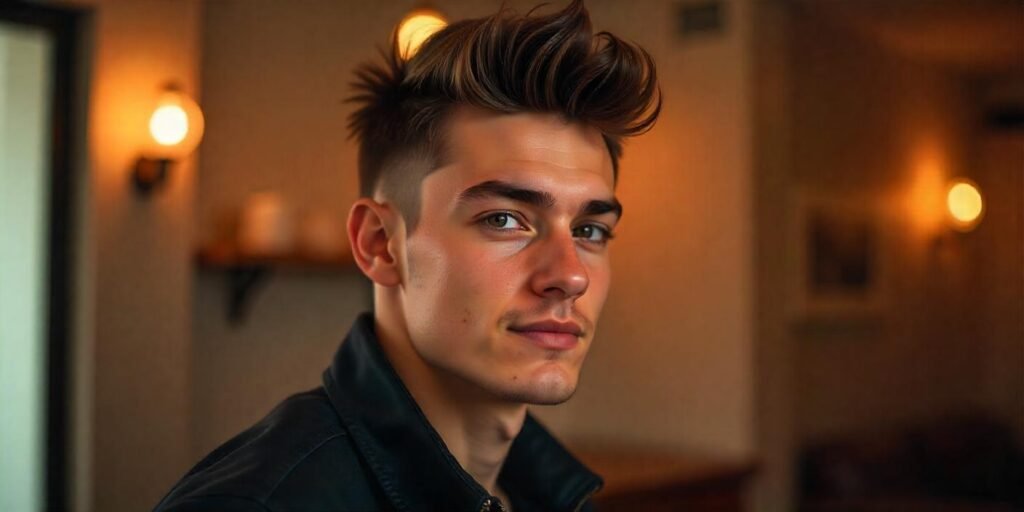 "Young man with a fluffy taper hairstyle featuring shaved sides and a confident expression in a romantic setting."