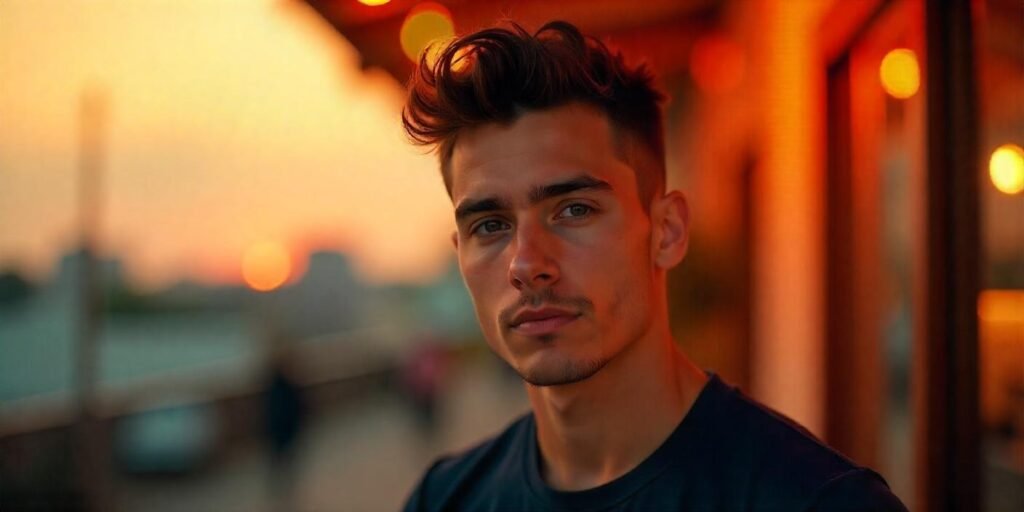 A young man with a flared-out textured crop hairstyle, wearing a dark shirt, in a romantic setting.