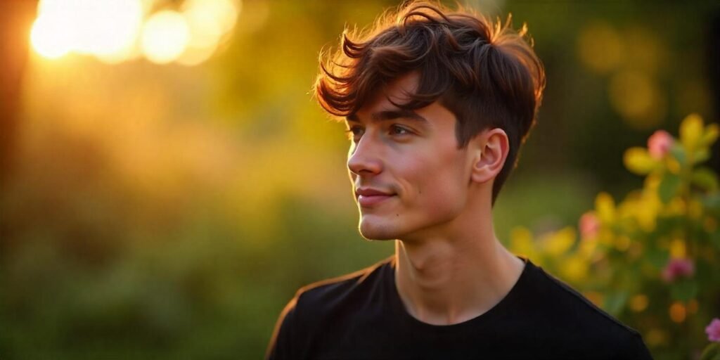 "Man with a wavy fringe haircut, natural brown hair, and relaxed expression in a romantic garden setting."