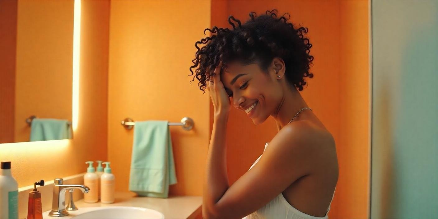Woman with 4C hair shampooing her hair, demonstrating healthy scalp care for vibrant curls.