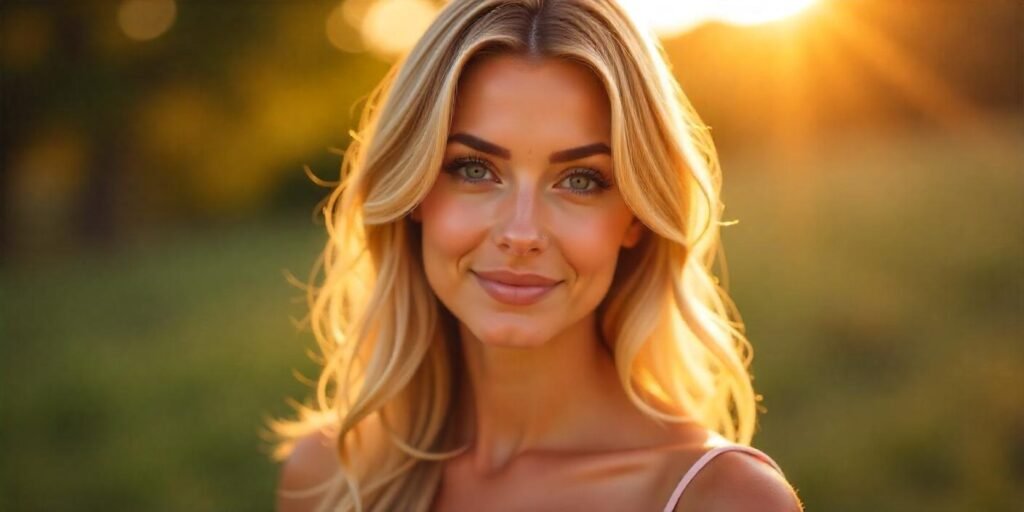 Bronde hair color with blonde and brown tones styled naturally, soft pastel dress, romantic vibe.