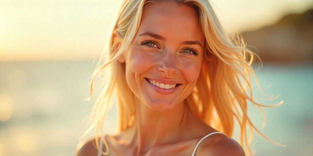 Realistic photo of a woman with champagne blonde hair and a romantic vibe, showcasing a soft and radiant hairstyle.