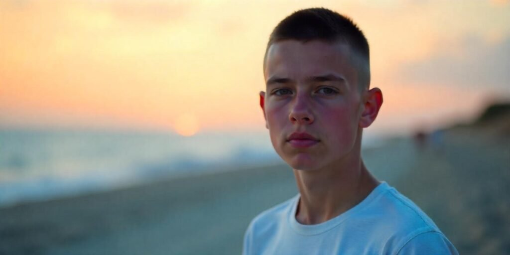 "Teen boy with buzz cut hairstyle wearing a light t-shirt in romantic sunset background"








