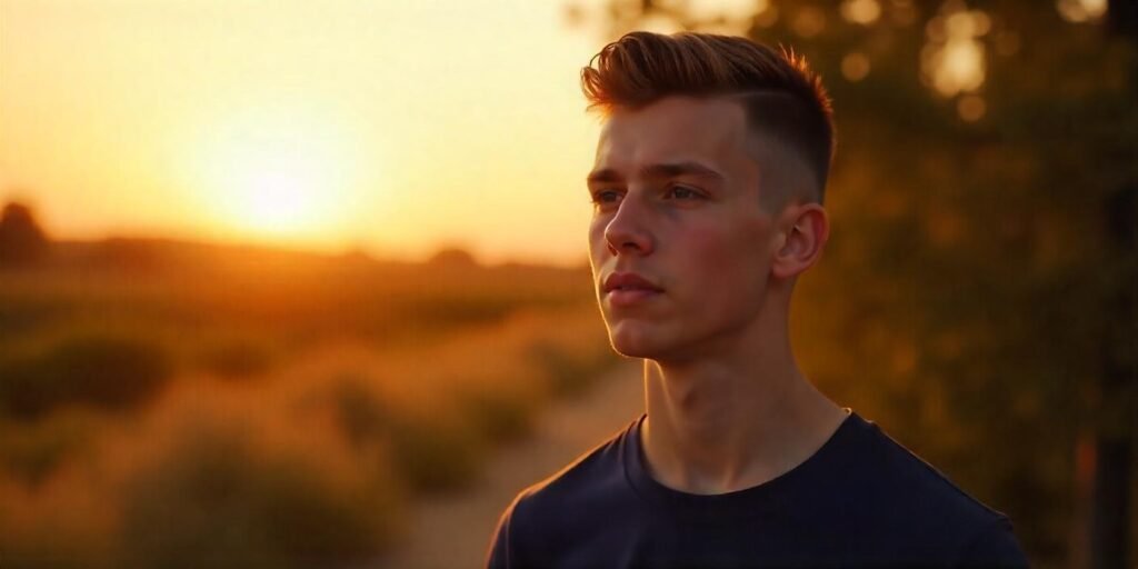 Teenage boy with crew cut hairstyle and casual navy blue t-shirt in a romantic sunset setting.







