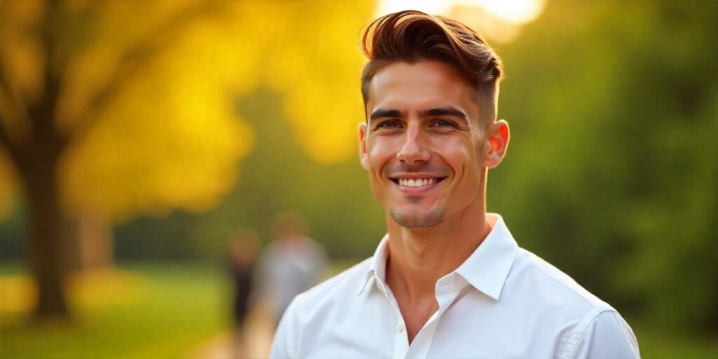 "Man with Ivy League cut hairstyle, dressed in white shirt, standing in romantic park setting."







