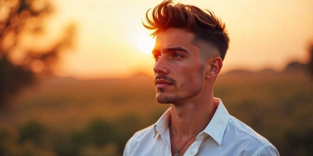 "Young man with short razored haircut for thin hair, styled with volume and texture, wearing a white shirt in a romantic outdoor setting."







