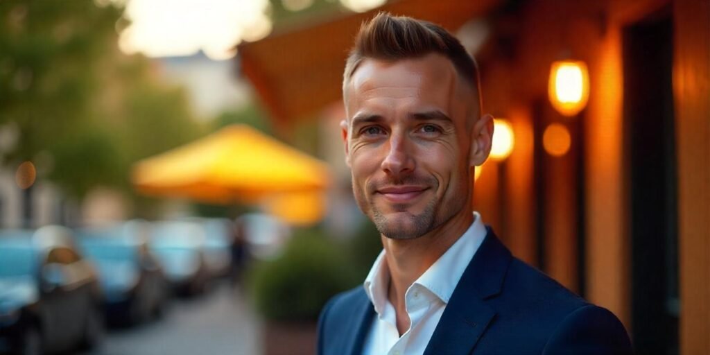 Buzz cut hairstyle on a young man, styled short and neat, wearing a navy blue suit with a romantic background.







