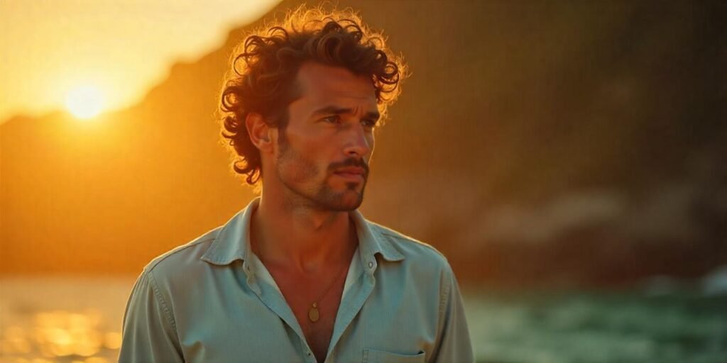 "Man with wet look curly hair, styled for thinning hair, wearing a blue shirt in a romantic background."

