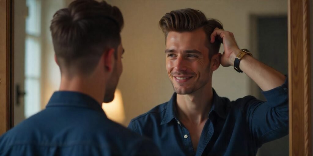 A young man styling his slicked-over quiff hairstyle, with voluminous texture and a relaxed, confident expression.







