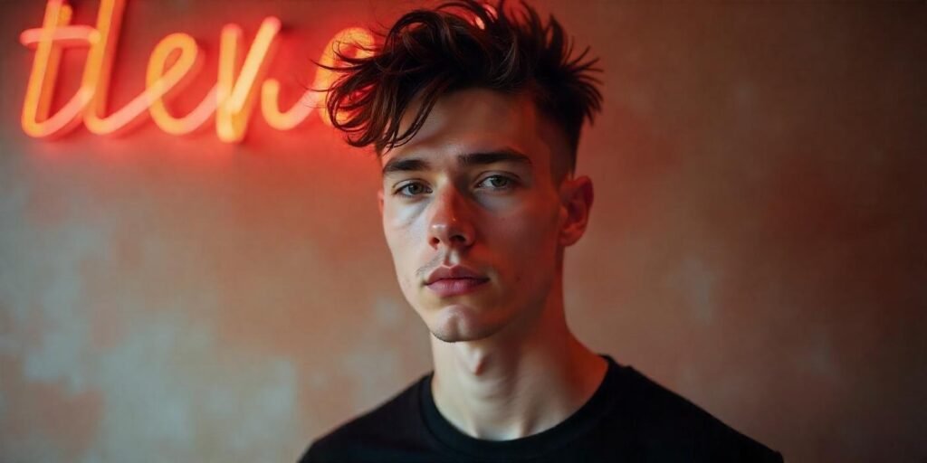 "Man with disheveled spiky crop hairstyle in a romantic background, wearing a black t-shirt."







