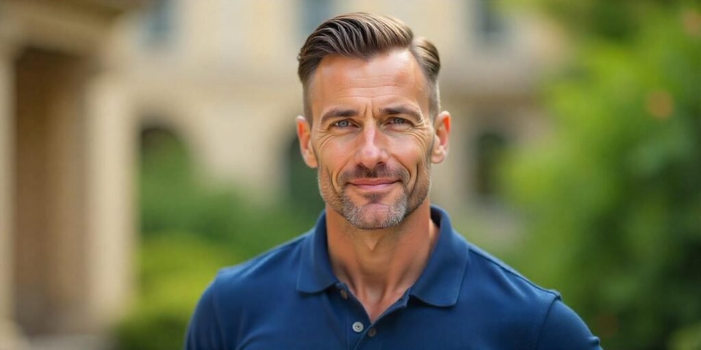 Man with comb-over hairstyle and neat sideburns standing outdoors in a navy polo shirt, looking confident.