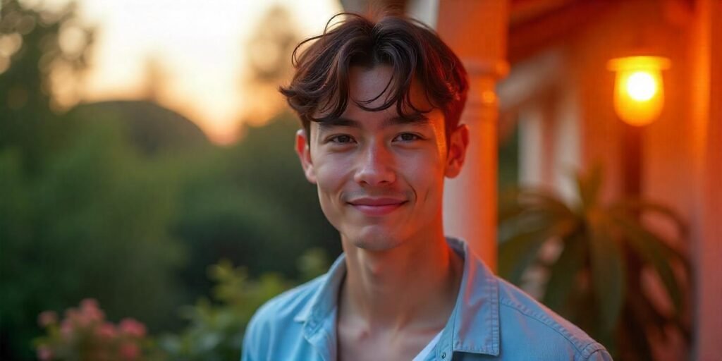 A man with a layered fringe hairstyle that adds volume and texture to his thin hair, standing in a romantic outdoor setting.







