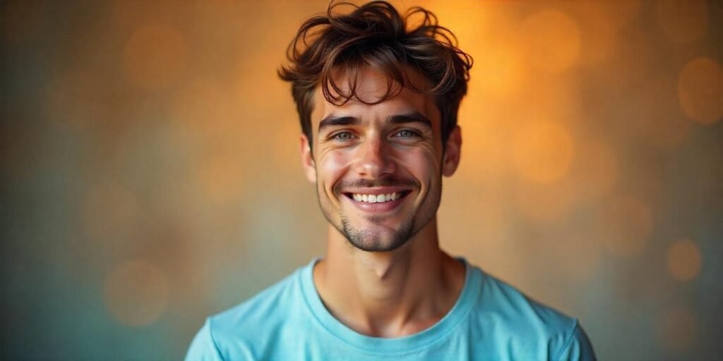 Man with thinning hair styled in a Mop Top for a casual, textured look with a romantic background.

