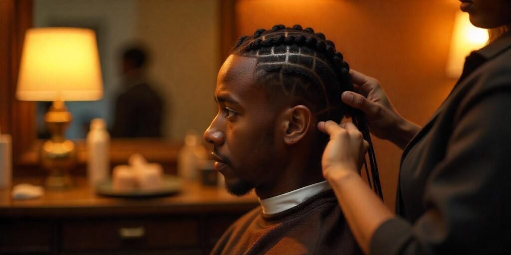 25-year-old adult male getting traditional box braids styled in a modern salon.