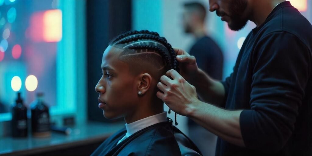 25-year-old male getting short box braids in a stylish barbershop