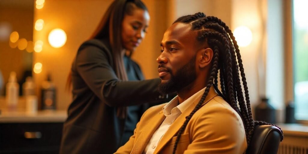 25-year-old man with long box braids in a modern salon.
