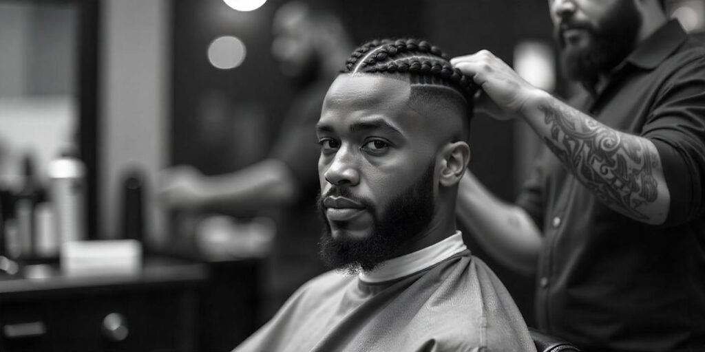 25-year-old male with box braids and a fade haircut at the barbershop