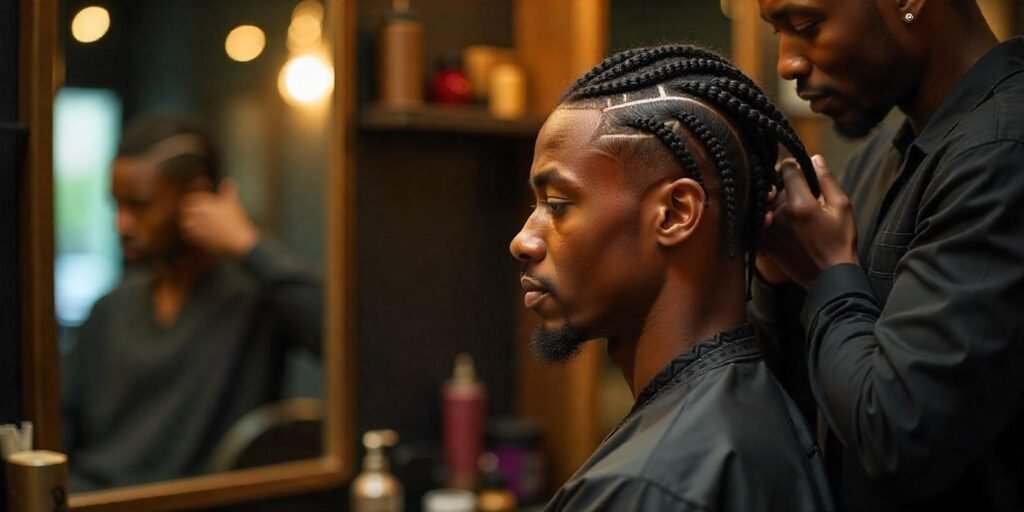 25-year-old man with box braids and geometric designs in a modern salon.