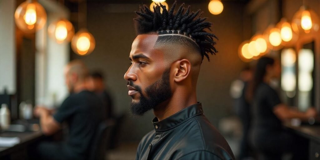 25-year-old man with mohawk box braids and shaved sides in a salon.