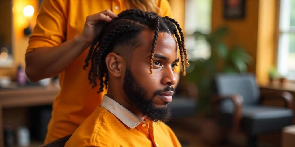25-year-old man with curly box braids styled in a modern salon.