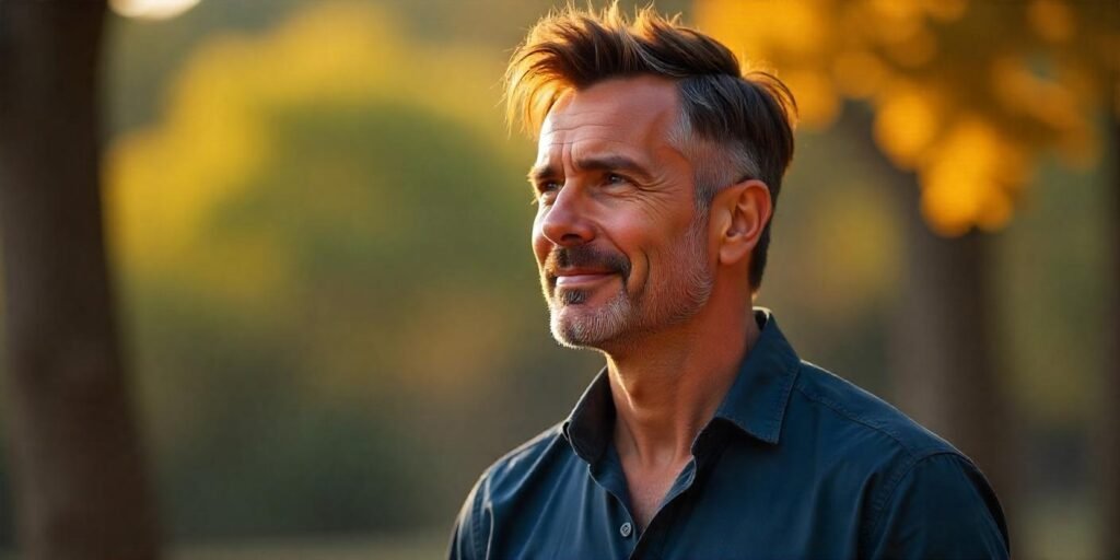 "Shaggy haircuts for older men featuring dynamic medium-length hair with subtle graying, offering a youthful and sophisticated look."