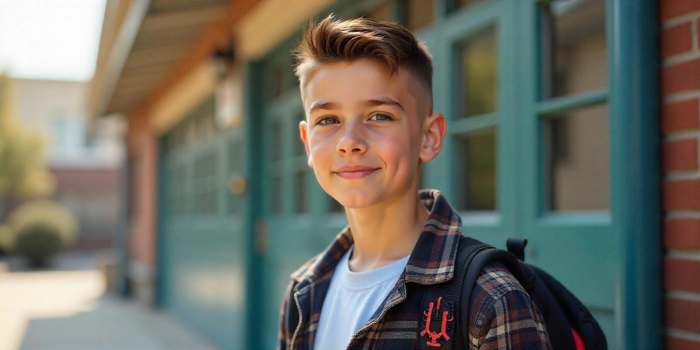 Trendy teen boy with a school-appropriate fade haircut, showcasing confidence and style.